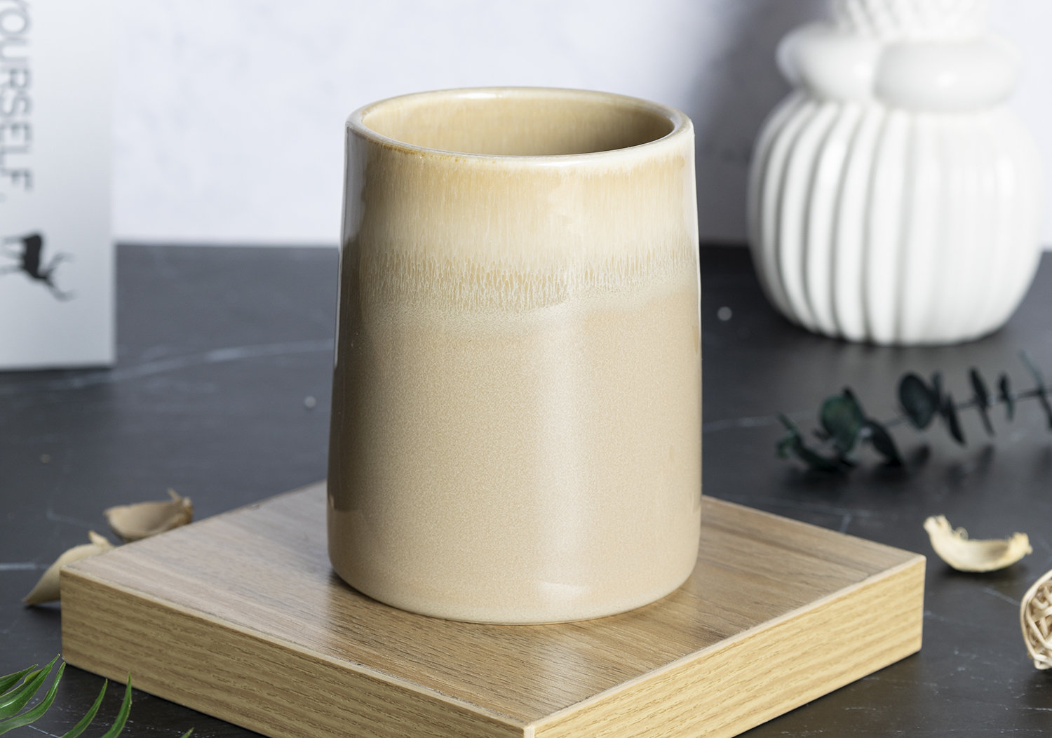 CHANGSHA HAPPY GO Light Beige Reactive Glaze Stoneware Bathroom Set – 7-Piece Rustic Ceramic Accessory Kit with Soap Dispenser and Canister |happygodinnerware.com