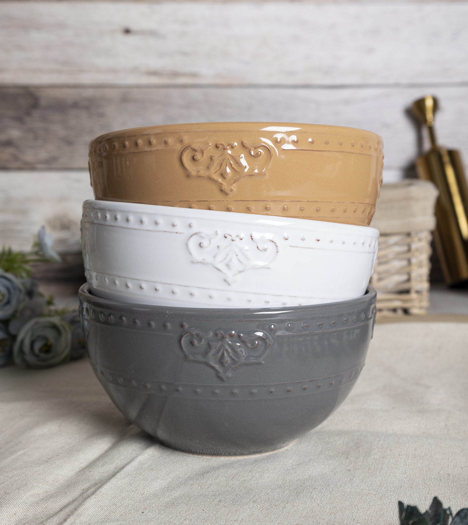 CHANGSHA HAPPY GO Vintage Embossed Stoneware Dinnerware Set with French Baroque Relief Design and Elegant Neutral Glazes  |happygodinnerware.com