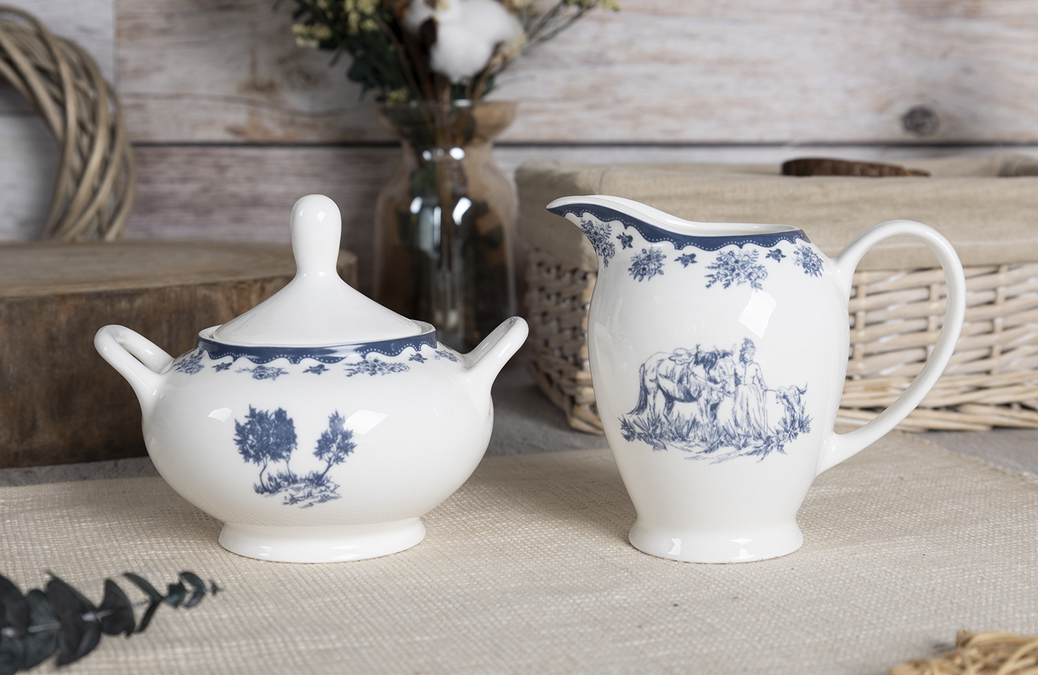 CHANGSHA HAPPY GO Blue Countryside Landscape Bone China Dinner Set – Floral Rim and Pastoral Scene Print |happygodinnerware.com
