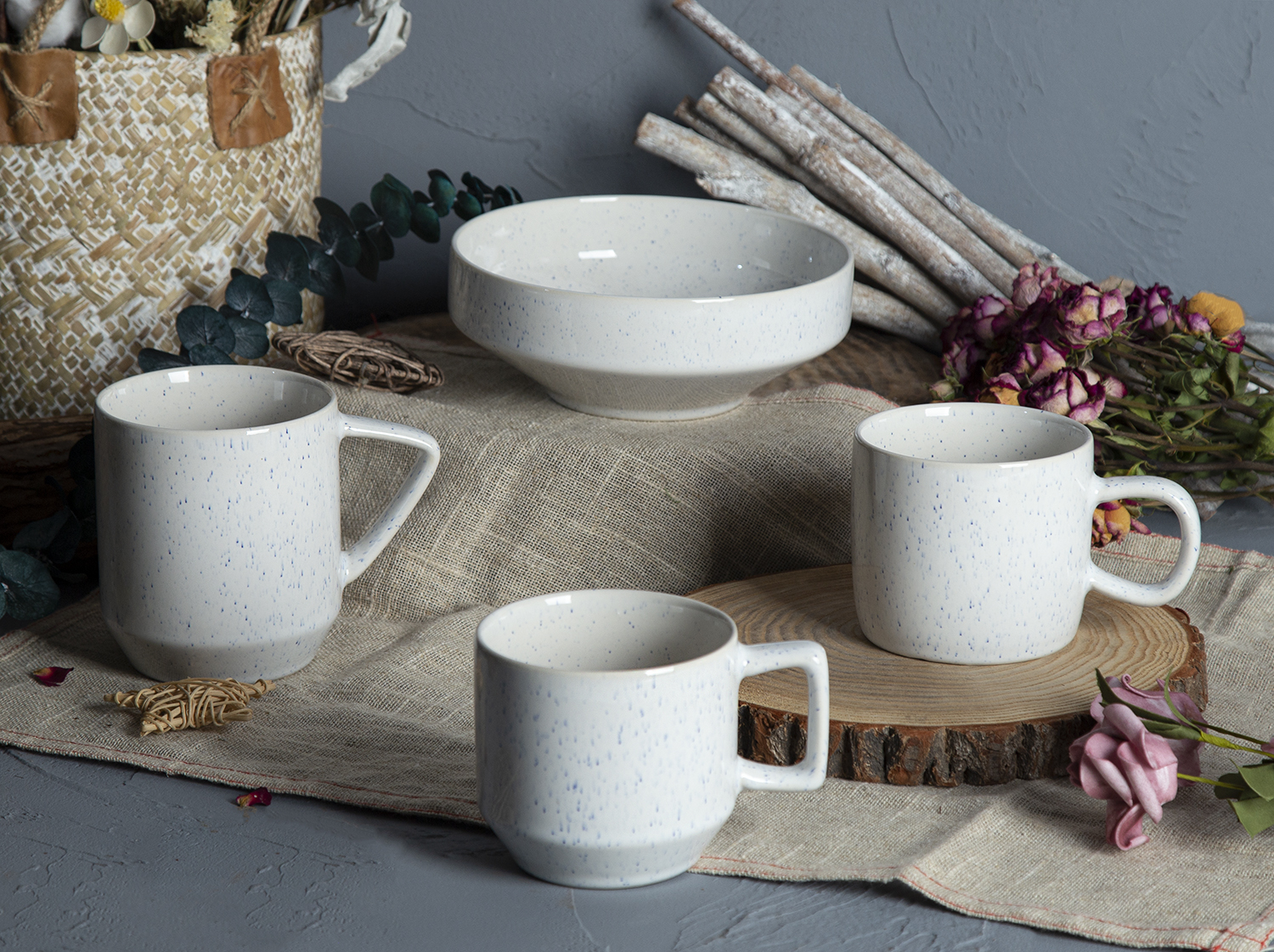 CHANGSHA HAPPY GO Speckled Reactive Glaze Stoneware Mugs and Bowl Set |happygodinnerware.com