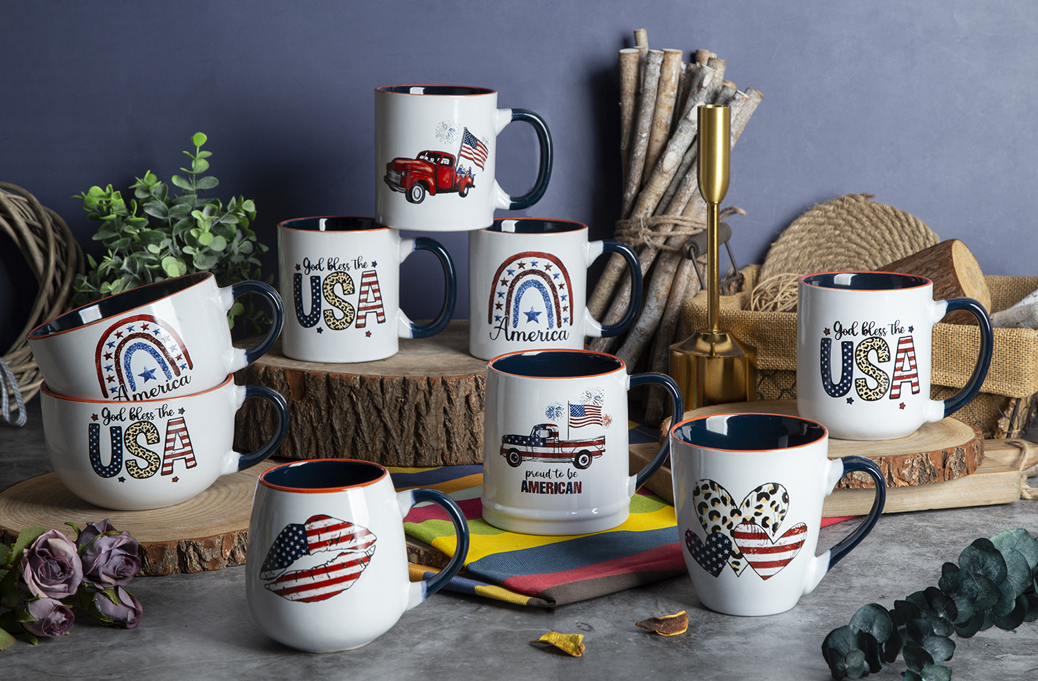 CHANGSHA HAPPY GO  Patriotic American Style Stoneware Decal Mug Set with USA Flag and Independence Day Designs  |happygodinnerware.com