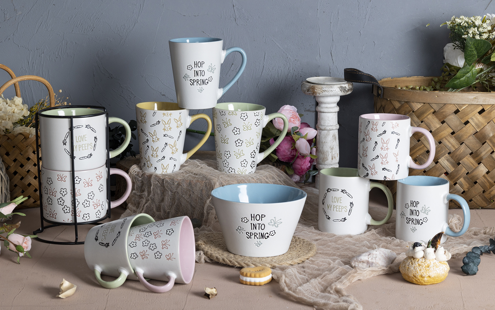 CHANGSHA HAPPY GO Pastel Spring Stoneware Mug and Bowl Set with Bunny and Floral Silkscreen Prints for Easter and Seasonal Decor |happygodinnerware.com