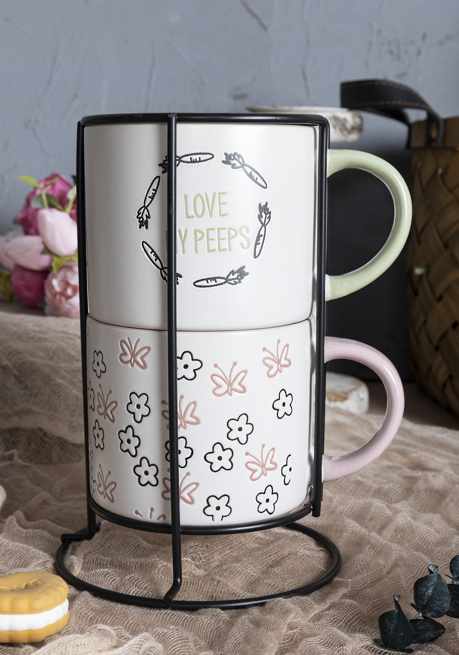 CHANGSHA HAPPY GO Pastel Spring Stoneware Mug and Bowl Set with Bunny and Floral Silkscreen Prints for Easter and Seasonal Decor |happygodinnerware.com