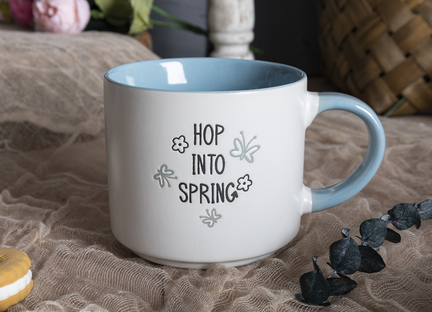 CHANGSHA HAPPY GO Pastel Spring Stoneware Mug and Bowl Set with Bunny and Floral Silkscreen Prints for Easter and Seasonal Decor |happygodinnerware.com