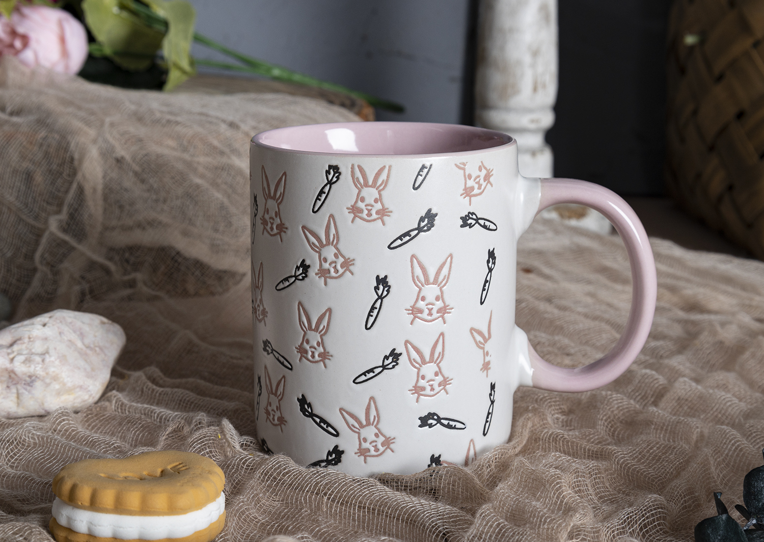 CHANGSHA HAPPY GO Pastel Spring Stoneware Mug and Bowl Set with Bunny and Floral Silkscreen Prints for Easter and Seasonal Decor |happygodinnerware.com