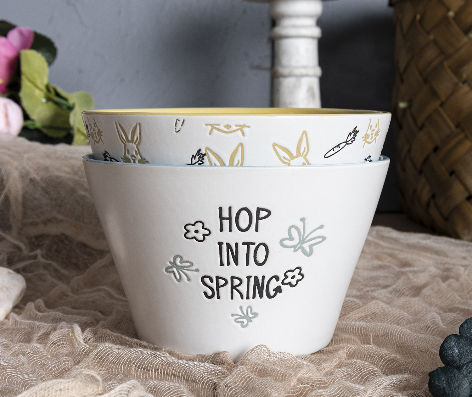 CHANGSHA HAPPY GO Pastel Spring Stoneware Mug and Bowl Set with Bunny and Floral Silkscreen Prints for Easter and Seasonal Decor |happygodinnerware.com
