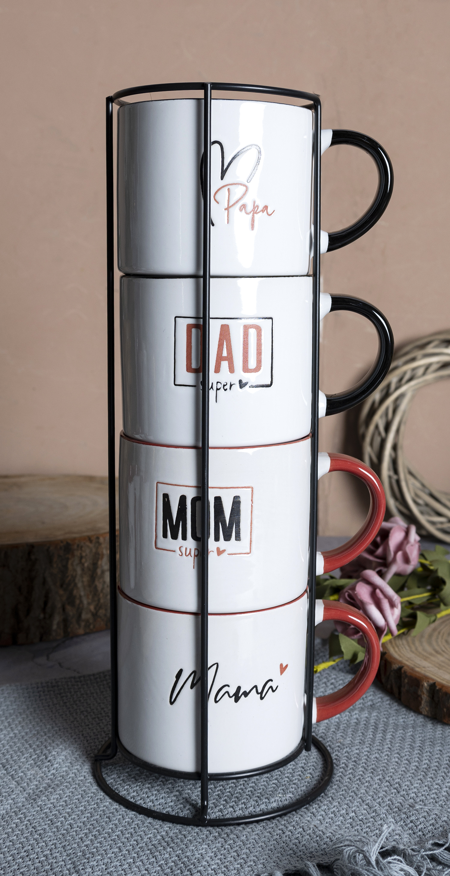 CHANGSHA HAPPY GO Minimalist Stoneware Mug Gift Set with Modern Silkscreen Text for Super Mom and Dad |happygodinnerware.com