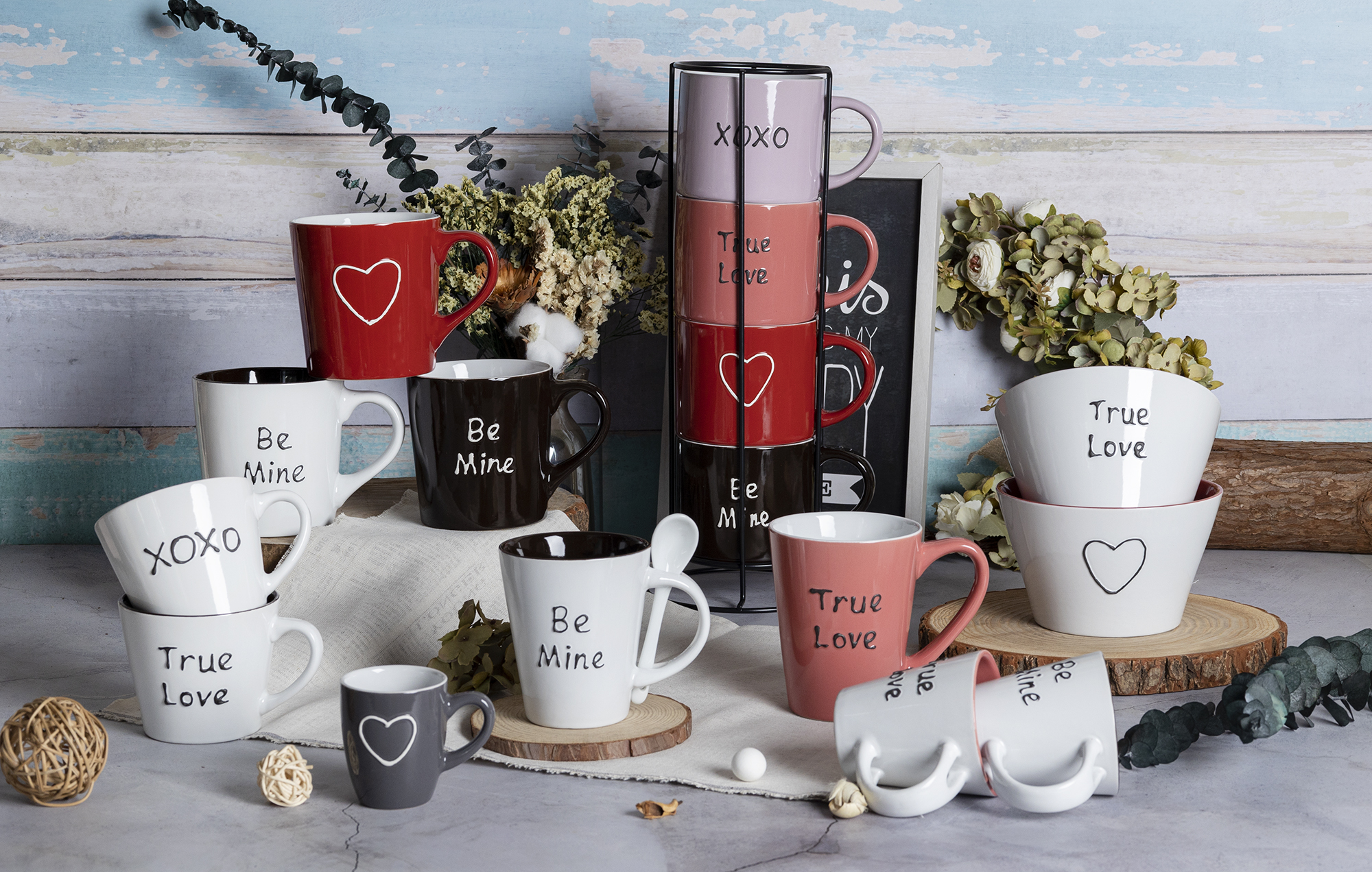 CHANGSHA HAPPY GO Valentine’s Day Themed Embossed Glaze Stoneware Mug and Bowl Set with Romantic Phrases like 'Be Mine' and 'True Love' |happygodinnerware.com