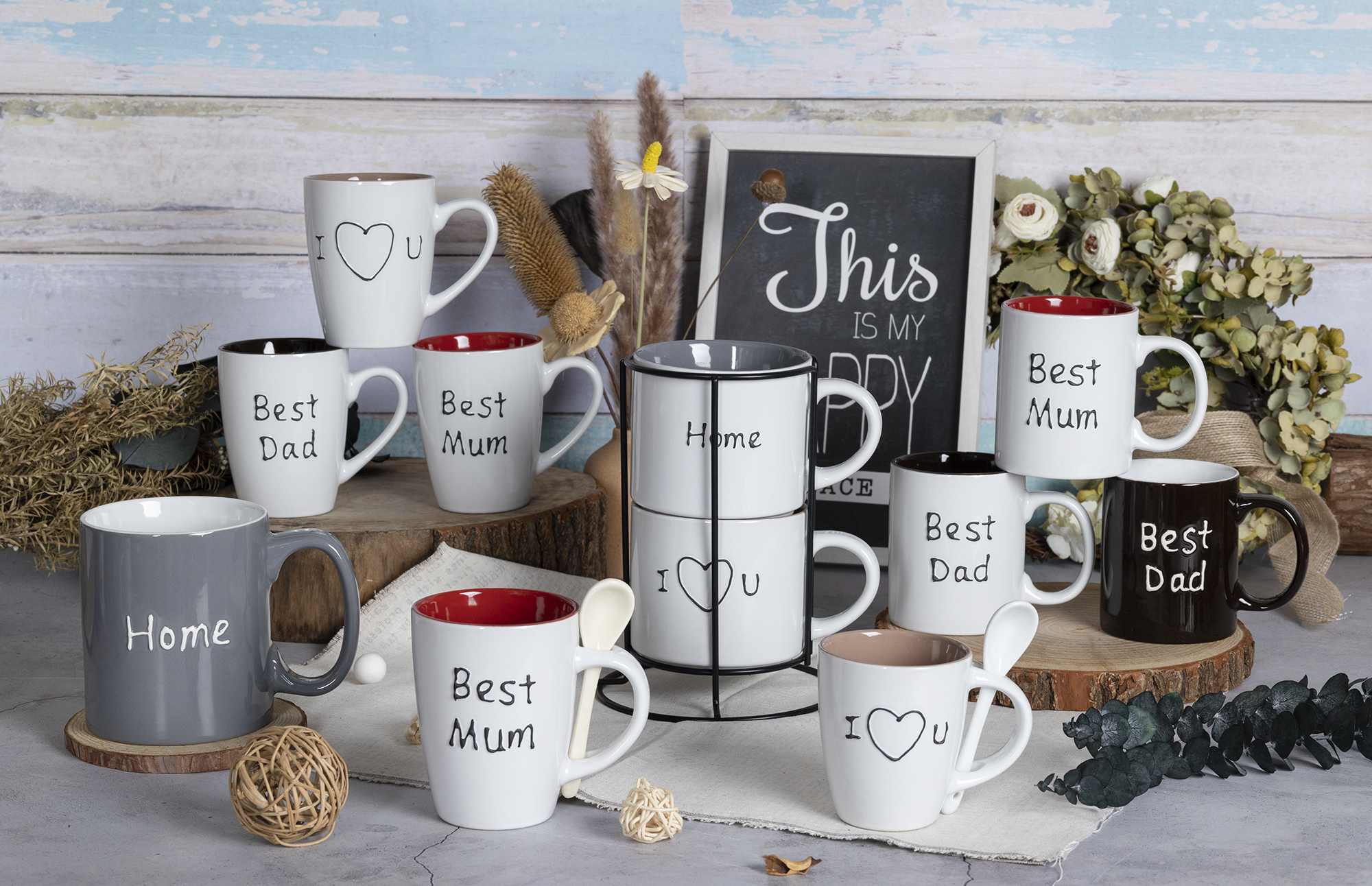 CHANGSHA HAPPY GO Home & Family Collection Stoneware Mug Gift Set with Raised Glaze Text for Mum, Dad, and Sweet Messages |happygodinnerware.com
