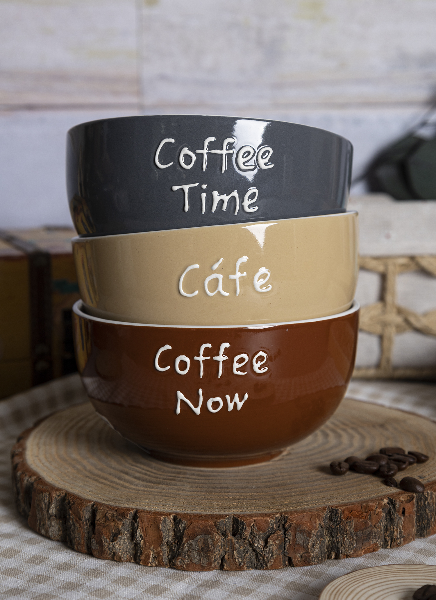 CHANGSHA HAPPY GO Stackable Stoneware Coffee Mug and Bowl Set with Café-Themed Embossed Glaze and Morning Quotes |happygodinnerware.com
