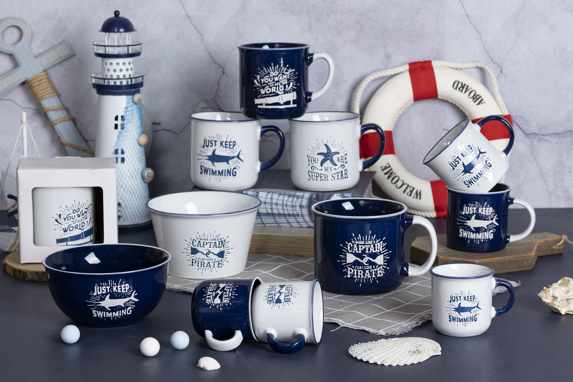 CHANGSHA HAPPY GO Nautical Theme Stoneware Mug and Bowl Set with Silkscreen Prints for Ocean Lovers and Beach House Decor |happygodinnerware.com