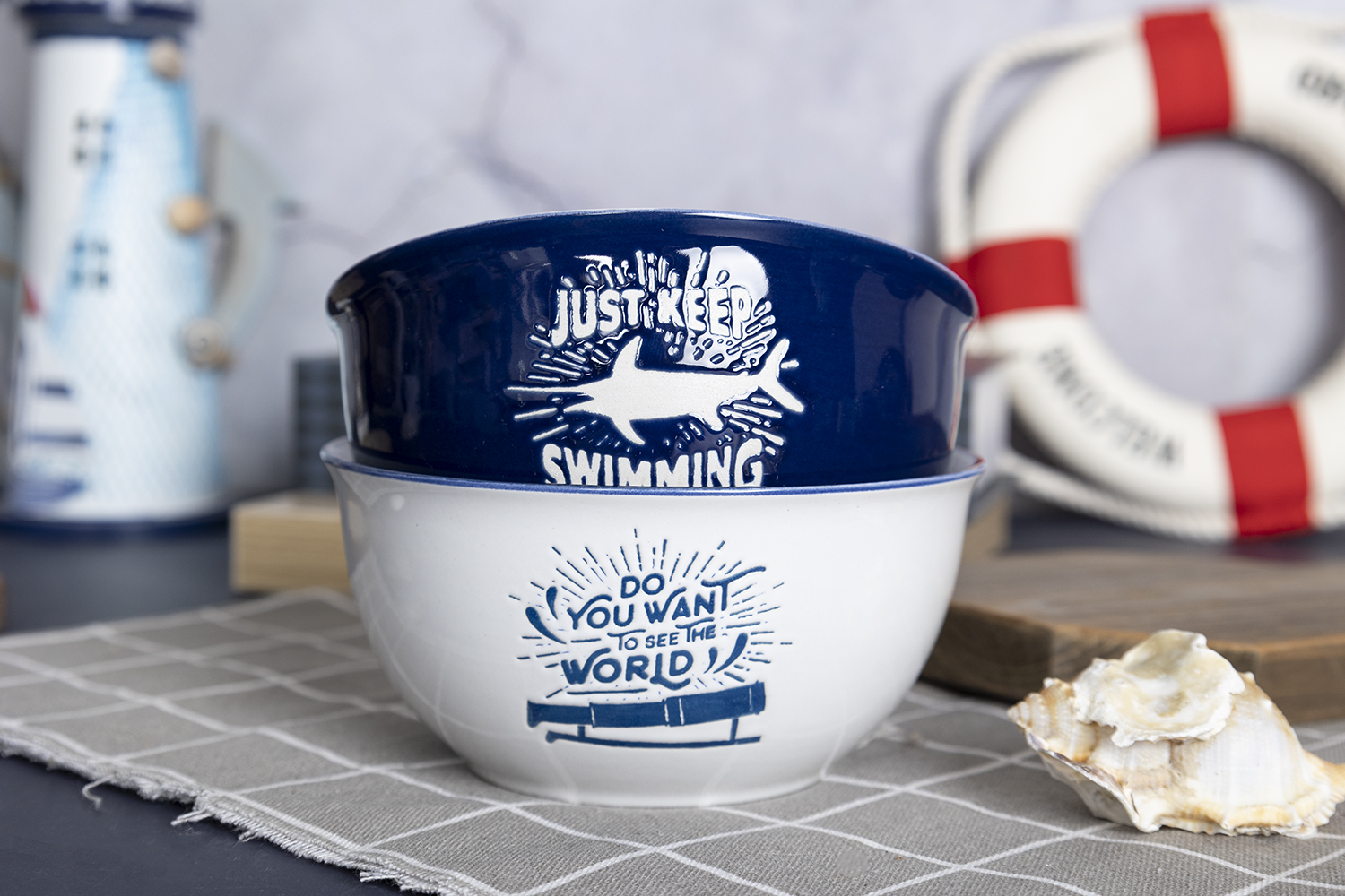 CHANGSHA HAPPY GO Nautical Theme Stoneware Mug and Bowl Set with Silkscreen Prints for Ocean Lovers and Beach House Decor |happygodinnerware.com