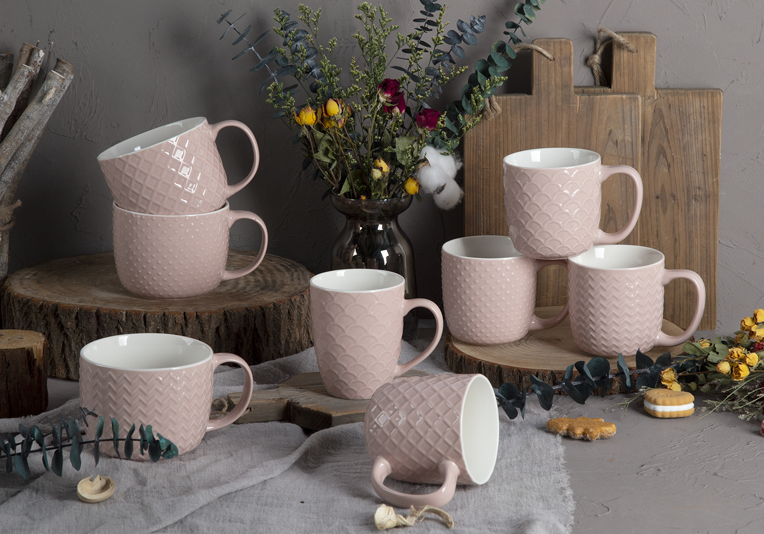 CHANGSHA HAPPY GO Pink Embossed Bone China Mugs – Glossy Color Glaze with Relief Texture Patterns |happygodinnerware.com