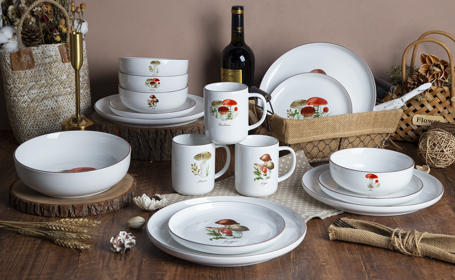 CHANGSHA HAPPY GO Rustic Botanical White Porcelain Decal Dinnerware Set with Mushroom and Herb Garden Illustrations |happygodinnerware.com