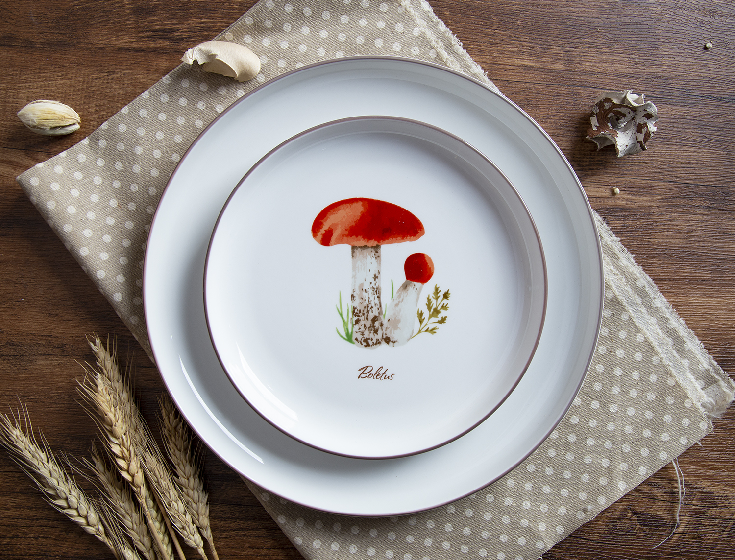 CHANGSHA HAPPY GO Rustic Botanical White Porcelain Decal Dinnerware Set with Mushroom and Herb Garden Illustrations |happygodinnerware.com