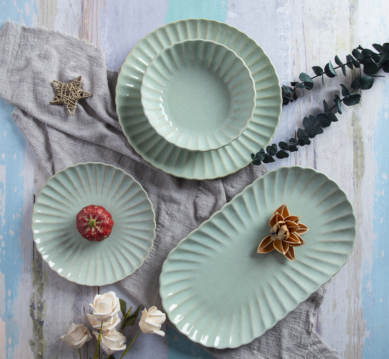 CHANGSHA HAPPY GO Embossed Fan-Pattern Stoneware Dinnerware Set – Celadon Green Reactive Glaze Plates and Serving Dishes |happygodinnerware.com