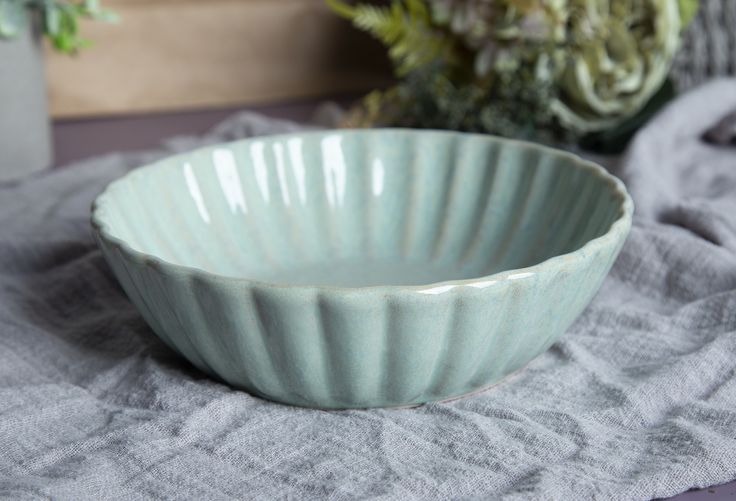 CHANGSHA HAPPY GO Embossed Fan-Pattern Stoneware Dinnerware Set – Celadon Green Reactive Glaze Plates and Serving Dishes |happygodinnerware.com