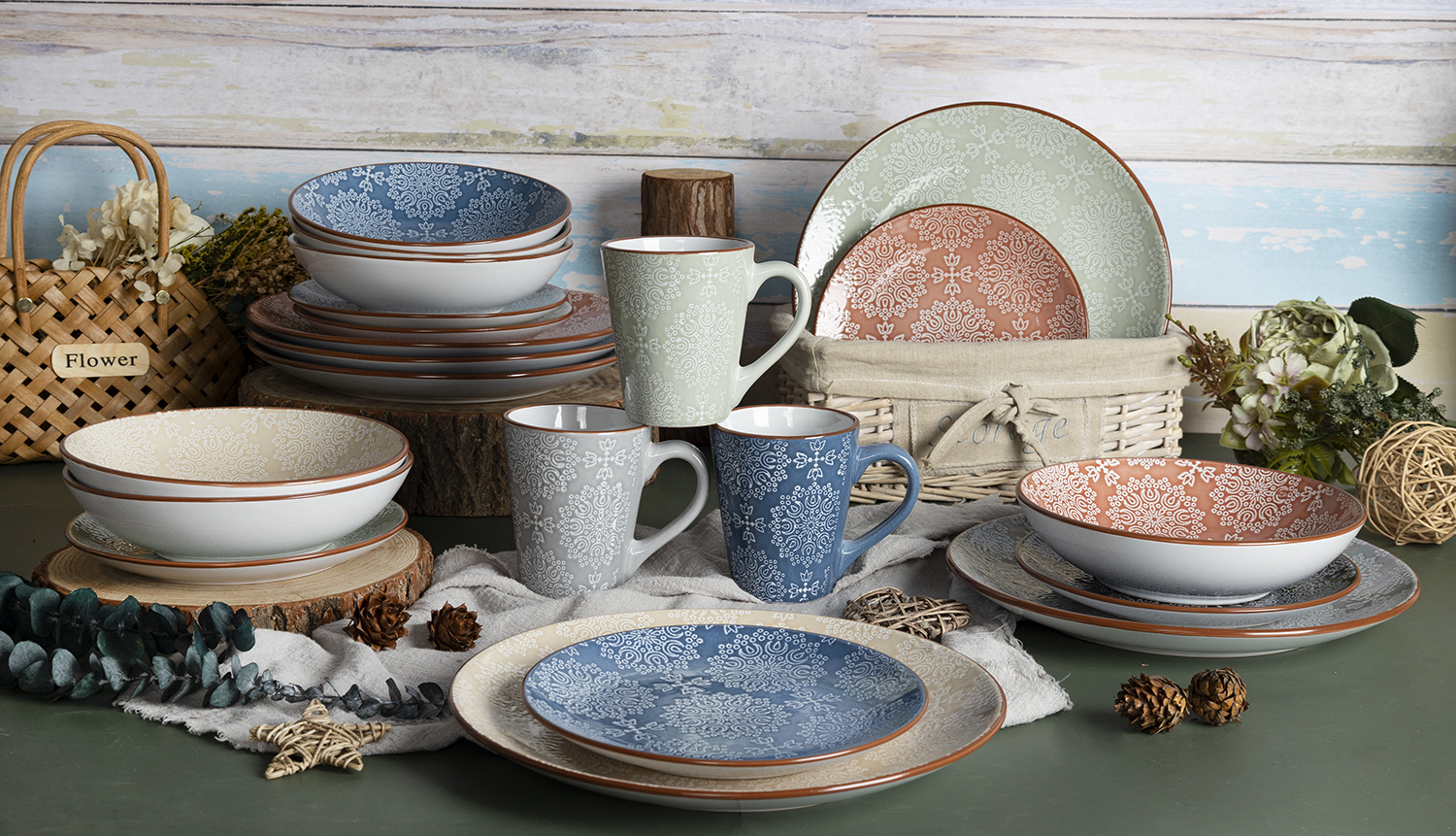 CHANGSHA HAPPY GO Embossed Floral Glaze Stoneware Dinnerware Set – Multicolor Vintage Pattern Plates, Bowls and Mugs|happygodinnerware.com