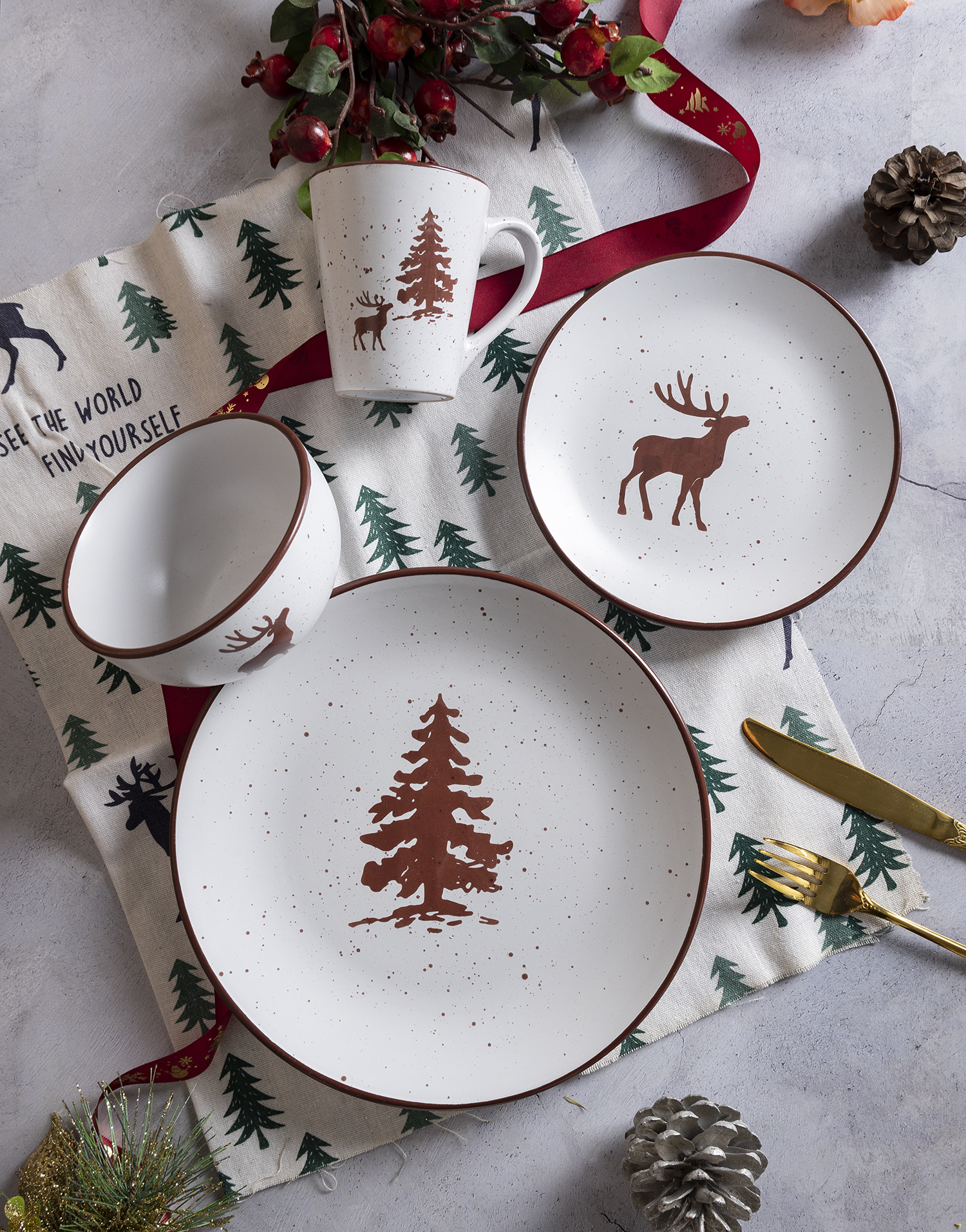 CHANGSHA HAPPY GO  Christmas Themed Screen Printed Stoneware Dinnerware Set with Reindeer and Pine Tree Motifs |happygodinnerware.com