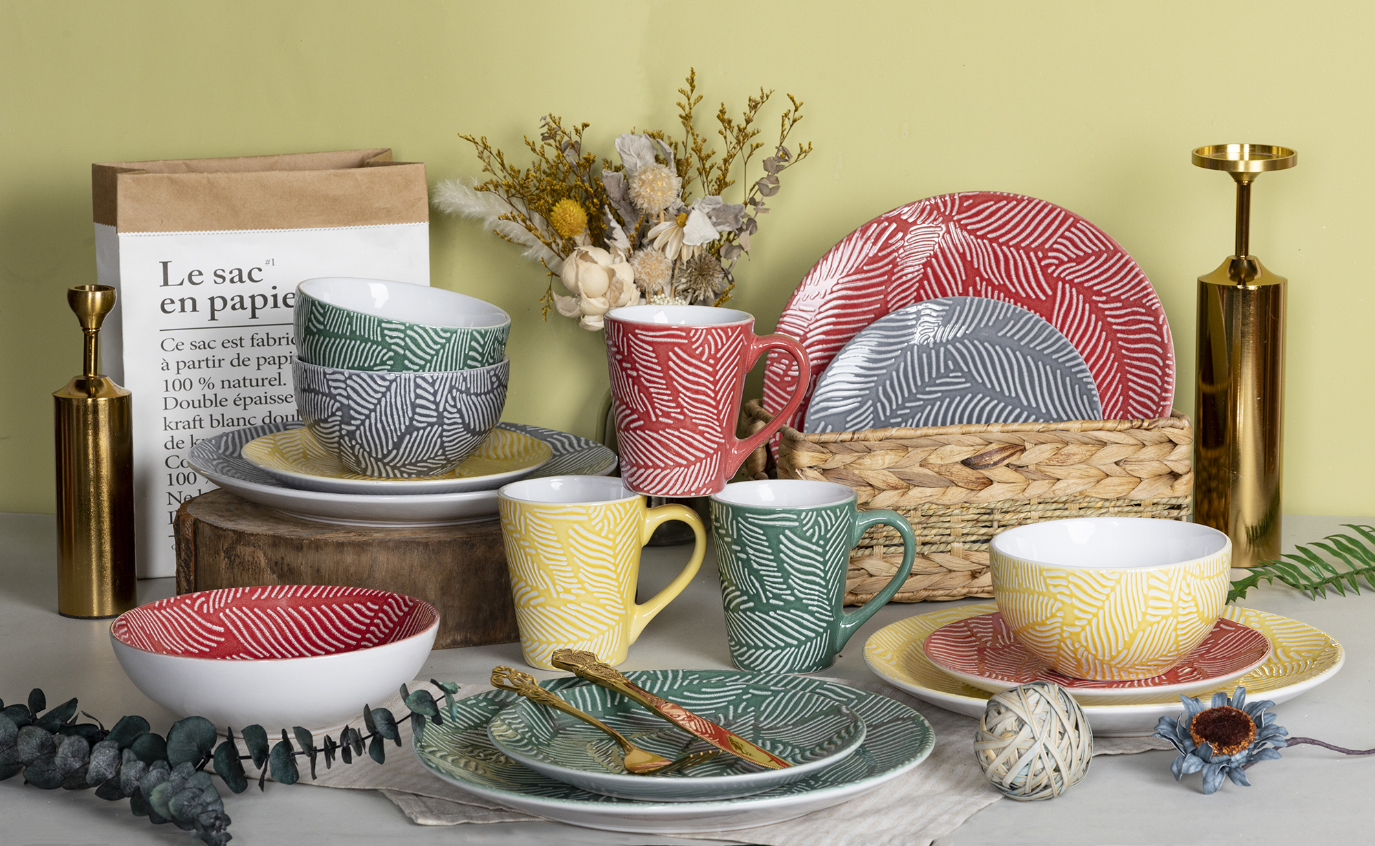 CHANGSHA HAPPY GO  Colorful Embossed Stoneware Dinnerware Set with Leaf Vein Pattern in Red, Yellow, Green and Grey |Dopamine Series Ceramics|happygodinnerware.com