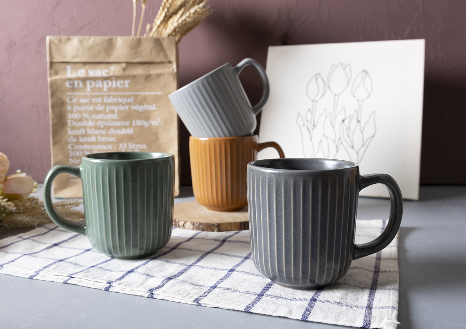 CHANGSHA HAPPY GO Urban Lines Embossed Stoneware Dinnerware Set – Modern Minimalist Ceramic Plates, Bowls and Mugs in Earthy Tones|happygodinnerware.com