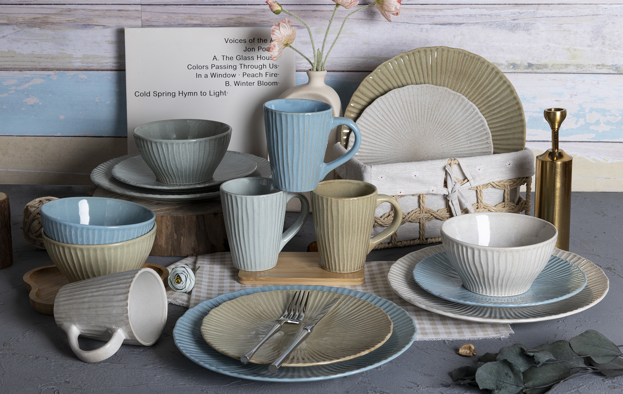 CHANGSHA HAPPY GO Nordic Bloom Reactive Glaze Embossed Stoneware Set – Ribbed Ceramic Plates, Bowls and Mugs in Pastel Tones for Modern Home Dining|happygodinnerware.com