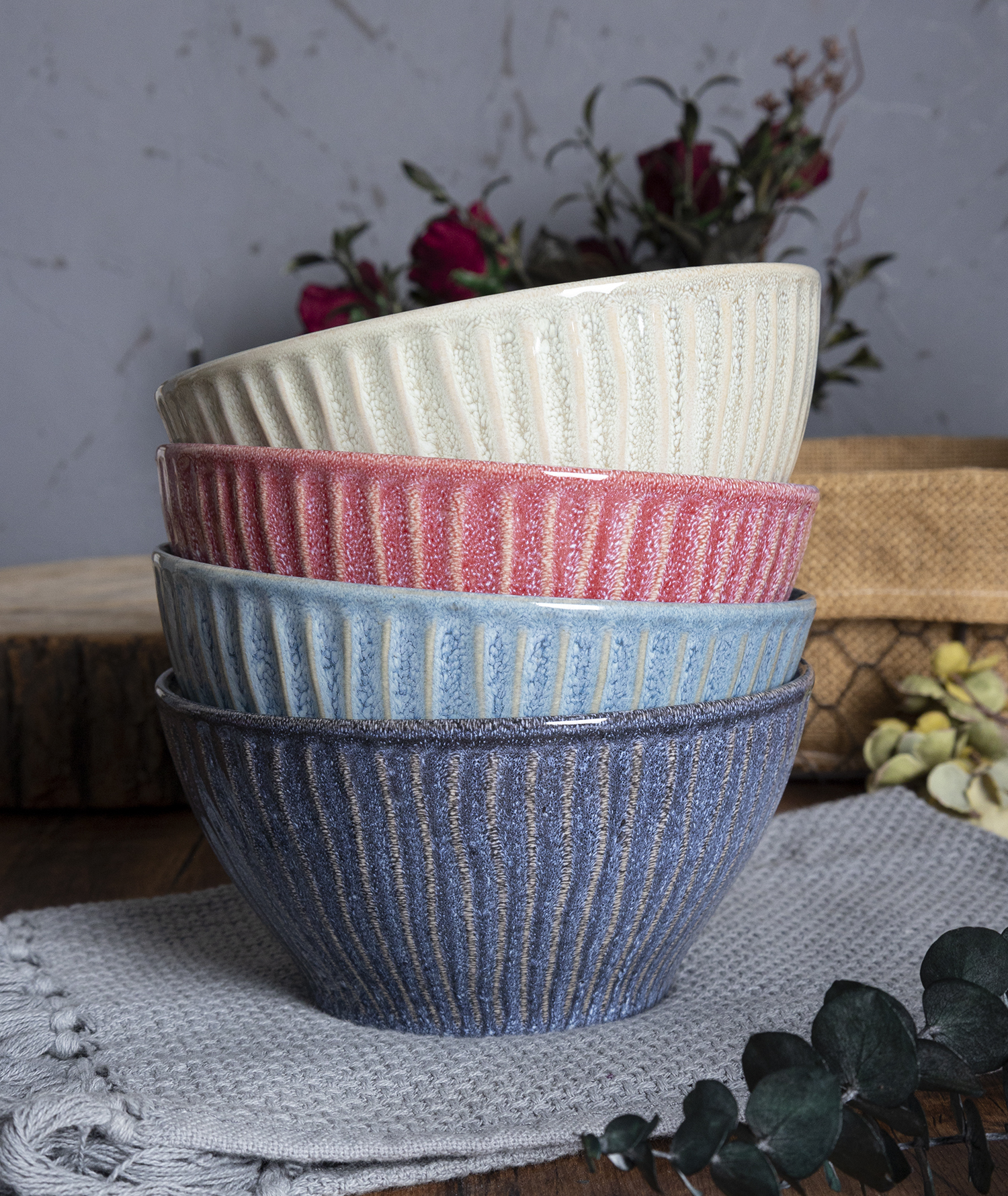 CHANGSHA HAPPY GO ColorWeave Reactive Glaze Stoneware Set – Ribbed Embossed Ceramic Dinnerware in Vibrant Artisan Colors|happygodinnerware.com