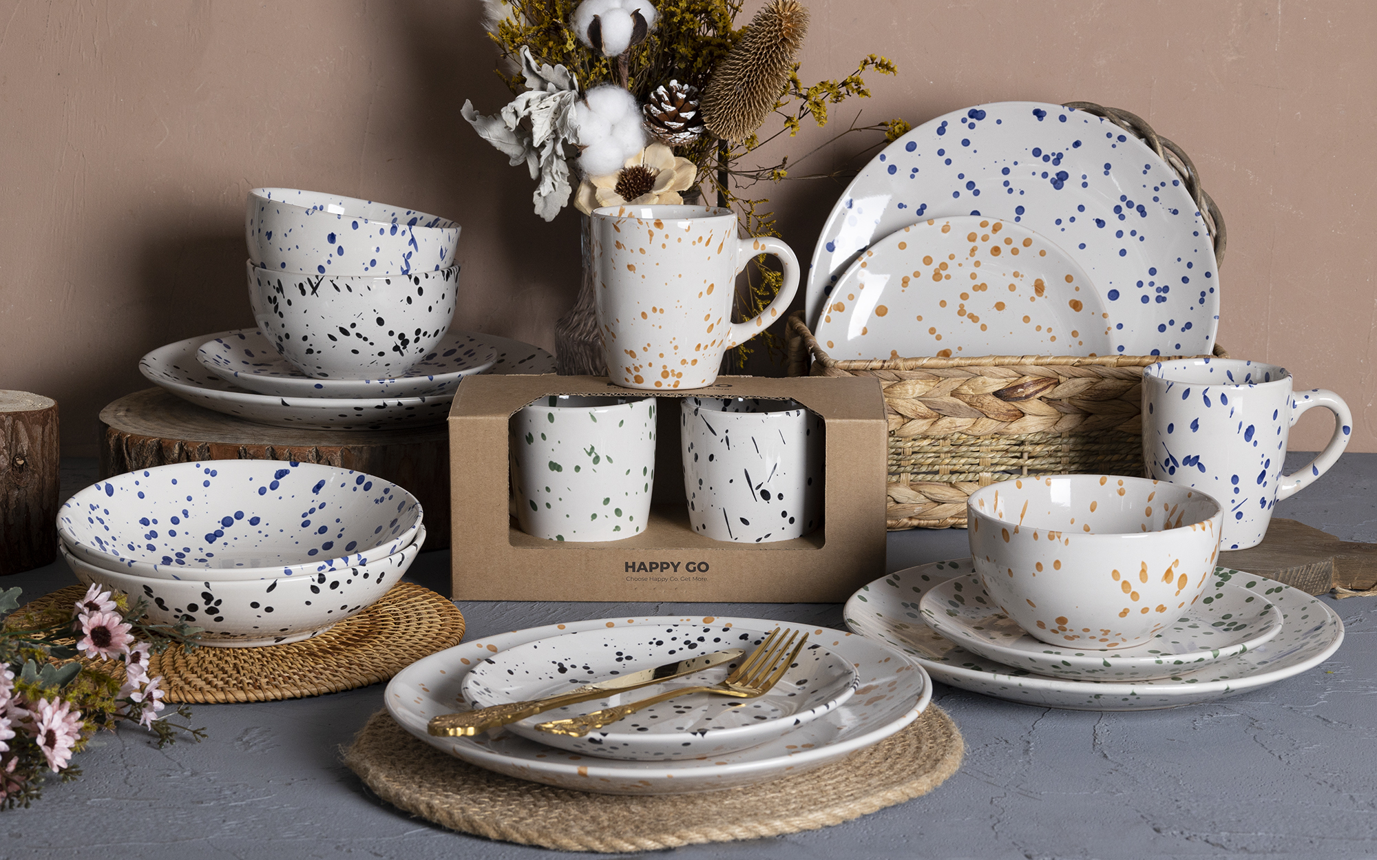 CHANGSHA HAPPY GO SpecklePop Stoneware Dinnerware Set – Modern Splatter Glazed Ceramic Plates, Bowls and Mugs in Playful Colors|happygodinnerware.com