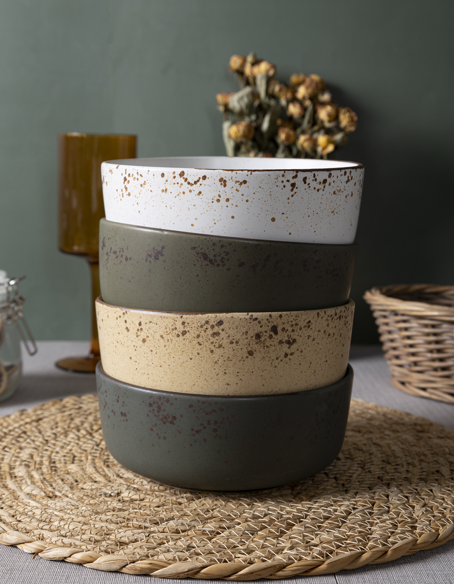 CHANGSHA HAPPY GO Earthborn Speckled Glaze Stoneware Set – Rustic Matte Ceramic Plates, Bowls and Mugs in Forest Tones|happygodinnerware.com