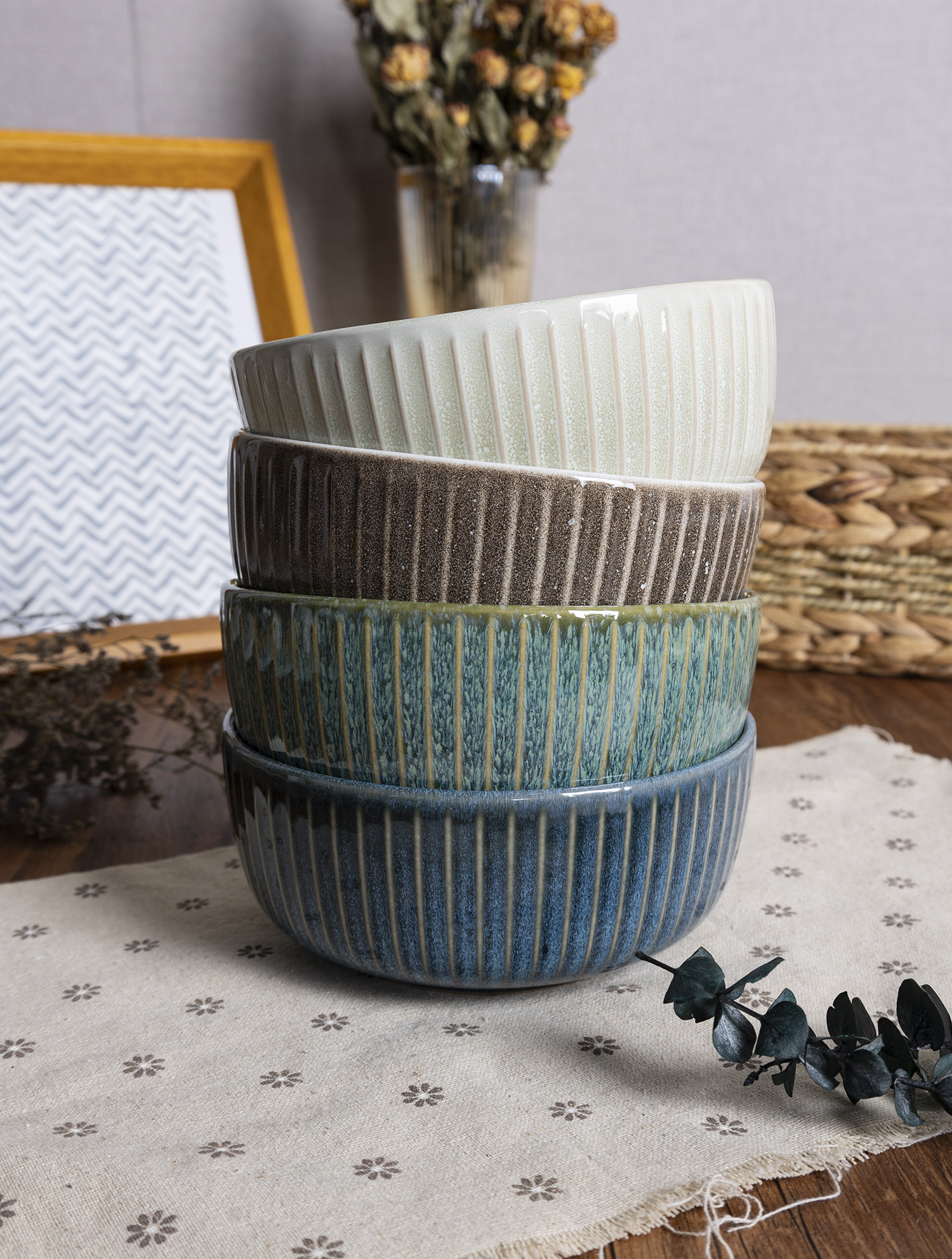 CHANGSHA HAPPY GO RidgeWave Reactive Glaze Stoneware Set – Embossed Ribbed Dinnerware in Deep Artisan Tones|happygodinnerware.com