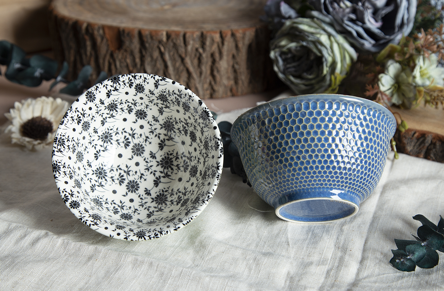 CHANGSHA HAPPY GO Hexagonal Pattern Embossed Stoneware Bowls with Color Glaze and Floral Print | happygodinnerware.com