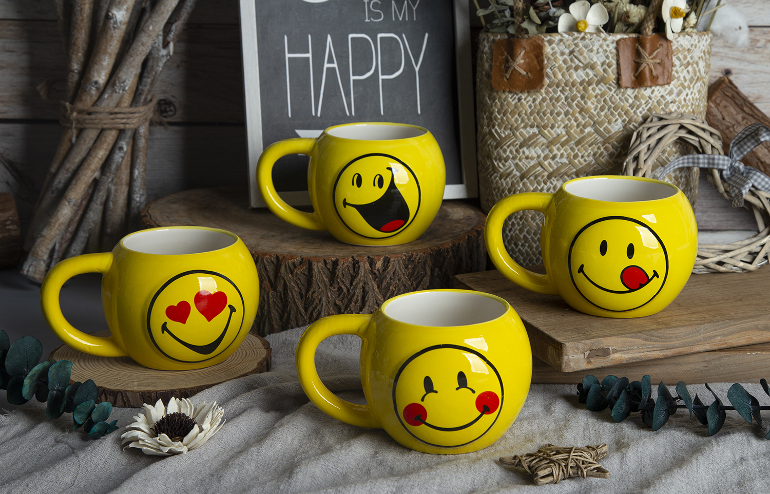 CHANGSHA HAPPY GO Smiley Face Embossed Mugs with Decal Design | happygodinnerware.com