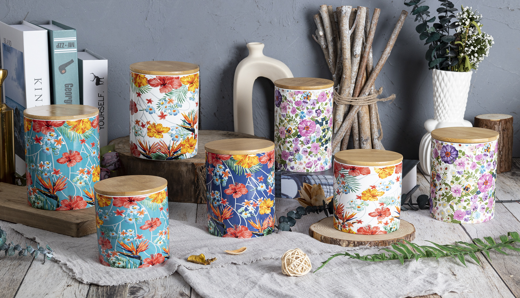 CHANGSHA HAPPY GO Tropical Floral Ceramic Storage Jar Set with Bamboo Lids – Colorful Decal Flower Prints for Kitchen or Home Decor |happygodinnerware.com