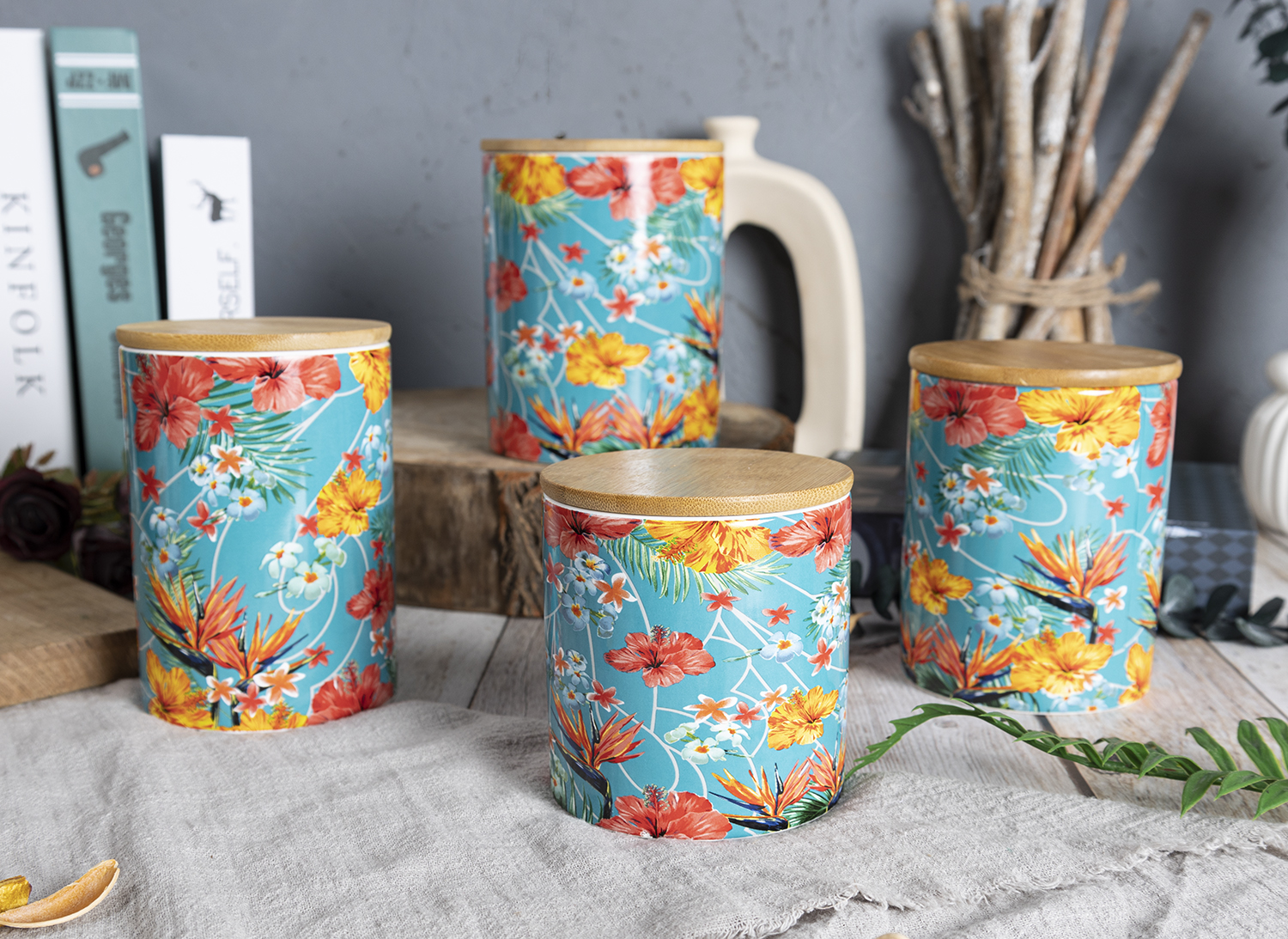 CHANGSHA HAPPY GO Tropical Floral Ceramic Storage Jar Set with Bamboo Lids – Colorful Decal Flower Prints for Kitchen or Home Decor |happygodinnerware.com