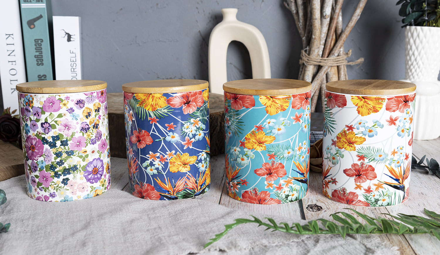 CHANGSHA HAPPY GO Tropical Floral Ceramic Storage Jar Set with Bamboo Lids – Colorful Decal Flower Prints for Kitchen or Home Decor |happygodinnerware.com
