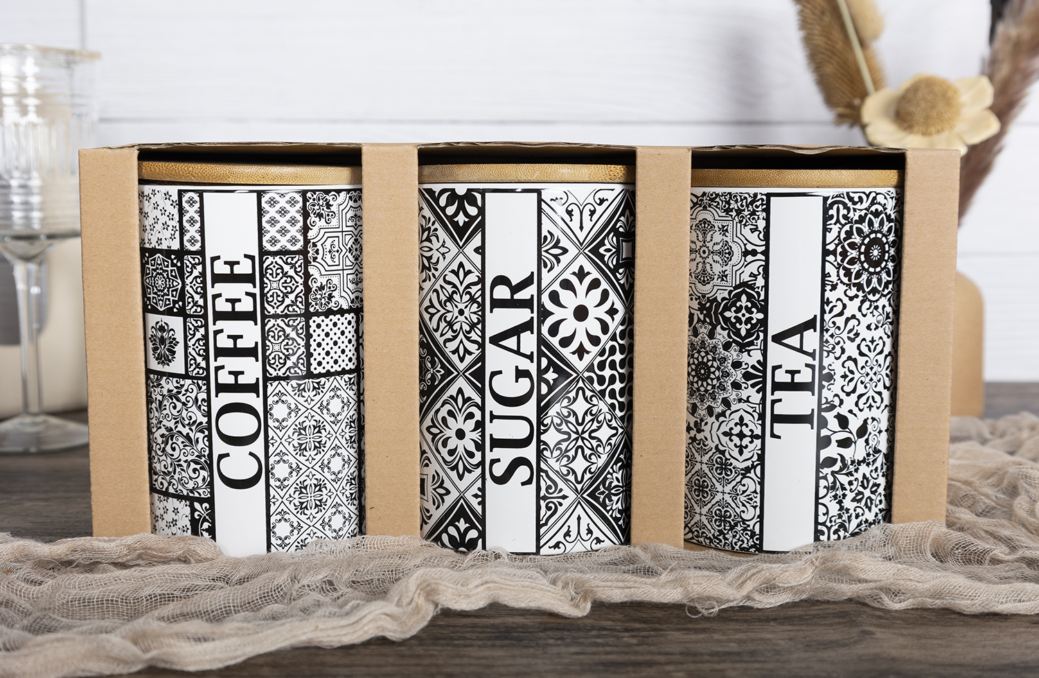 CHANGSHA HAPPY GO Mediterranean Style Ceramic Canister Set with Colorful Decal Patterns and Bamboo Lids – Coffee, Sugar, Tea Storage Jars |happygodinnerware.com