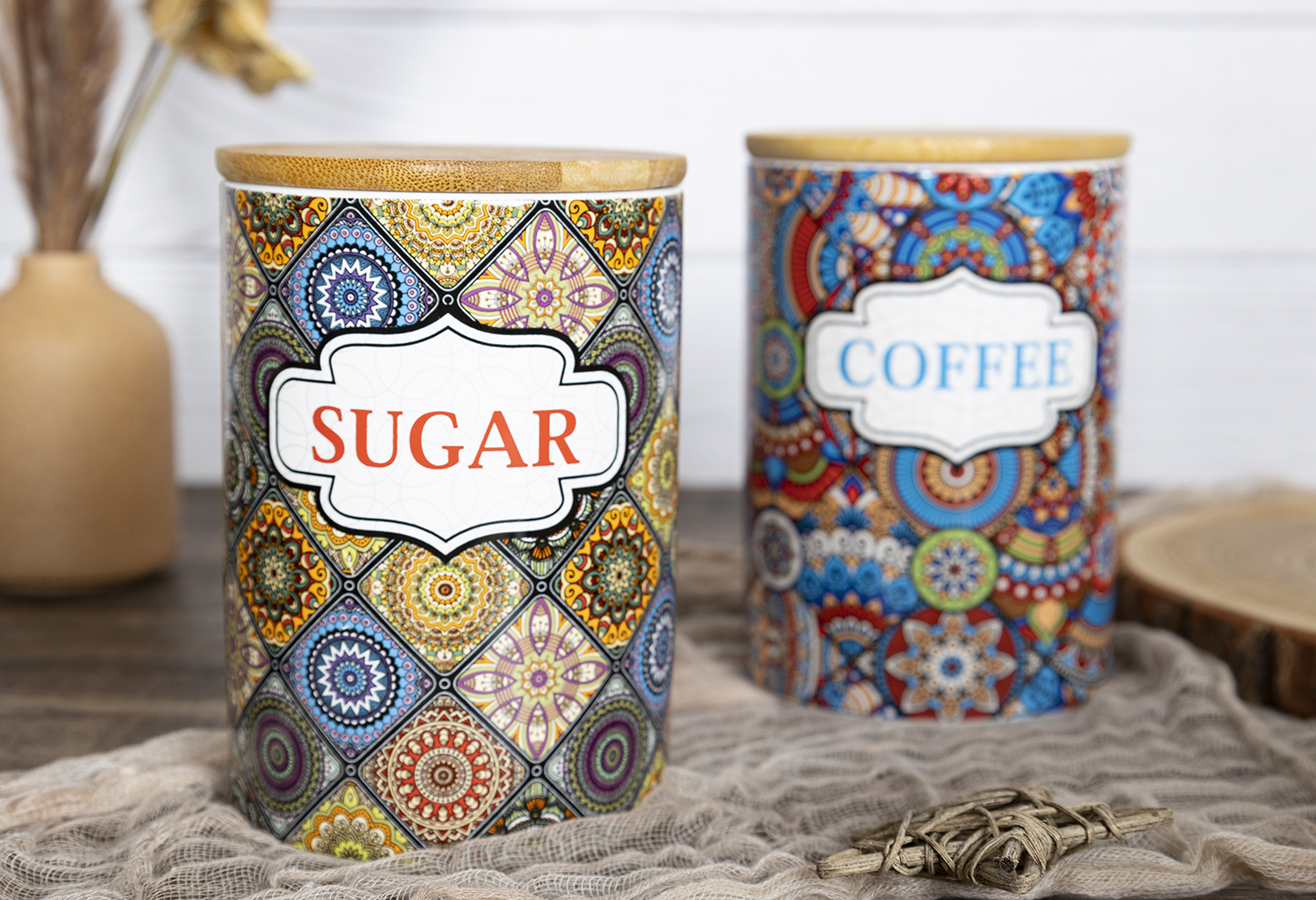 CHANGSHA HAPPY GO Mediterranean Style Ceramic Canister Set with Colorful Decal Patterns and Bamboo Lids – Coffee, Sugar, Tea Storage Jars |happygodinnerware.com