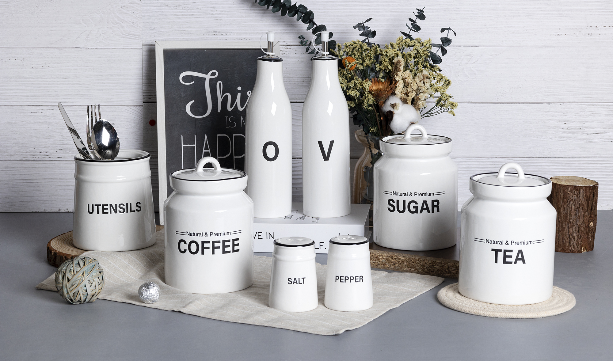 CHANGSHA HAPPY GO White Silkscreen Ceramic Kitchen Canister Set with Bold Black Text – Includes Oil Bottles, Salt & Pepper, Coffee, Tea, and Utensil Holders |happygodinnerware.com