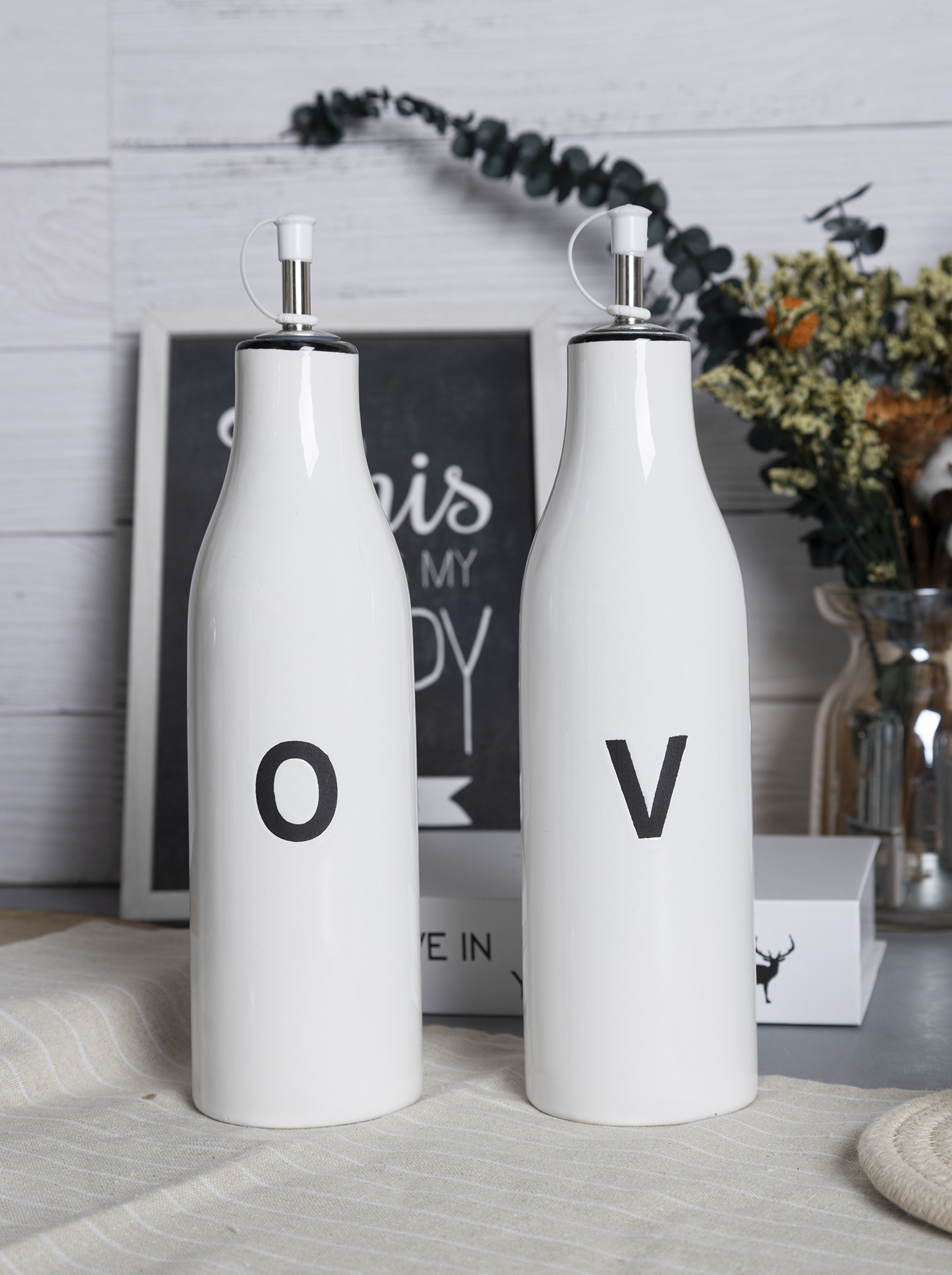 CHANGSHA HAPPY GO White Silkscreen Ceramic Kitchen Canister Set with Bold Black Text – Includes Oil Bottles, Salt & Pepper, Coffee, Tea, and Utensil Holders |happygodinnerware.com