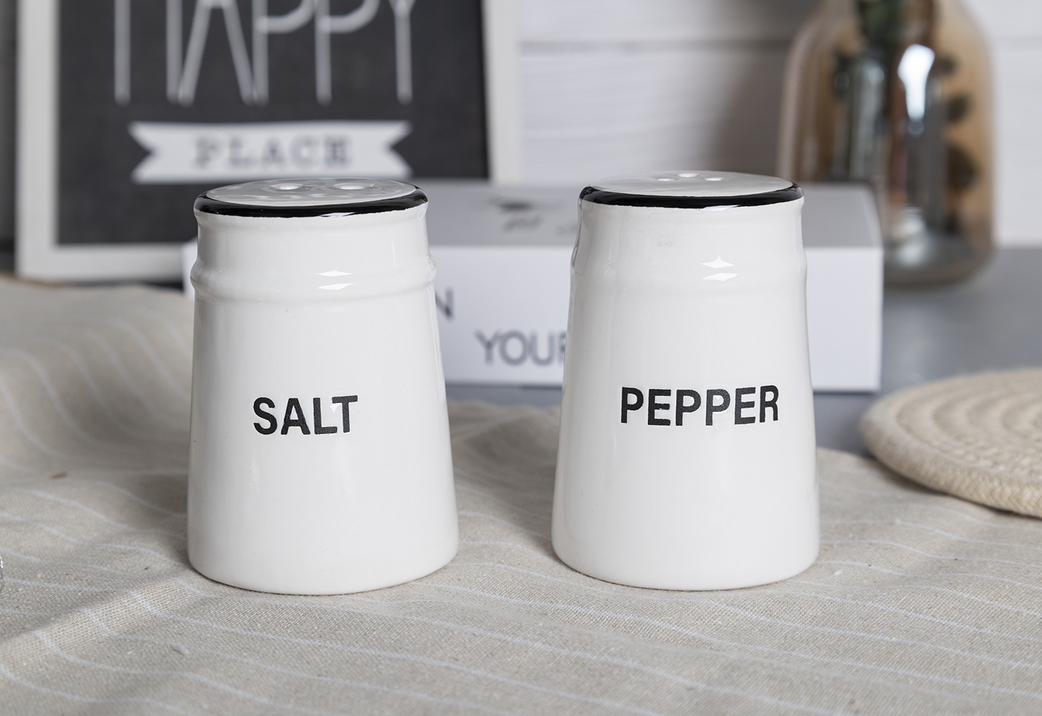 CHANGSHA HAPPY GO White Silkscreen Ceramic Kitchen Canister Set with Bold Black Text – Includes Oil Bottles, Salt & Pepper, Coffee, Tea, and Utensil Holders |happygodinnerware.com