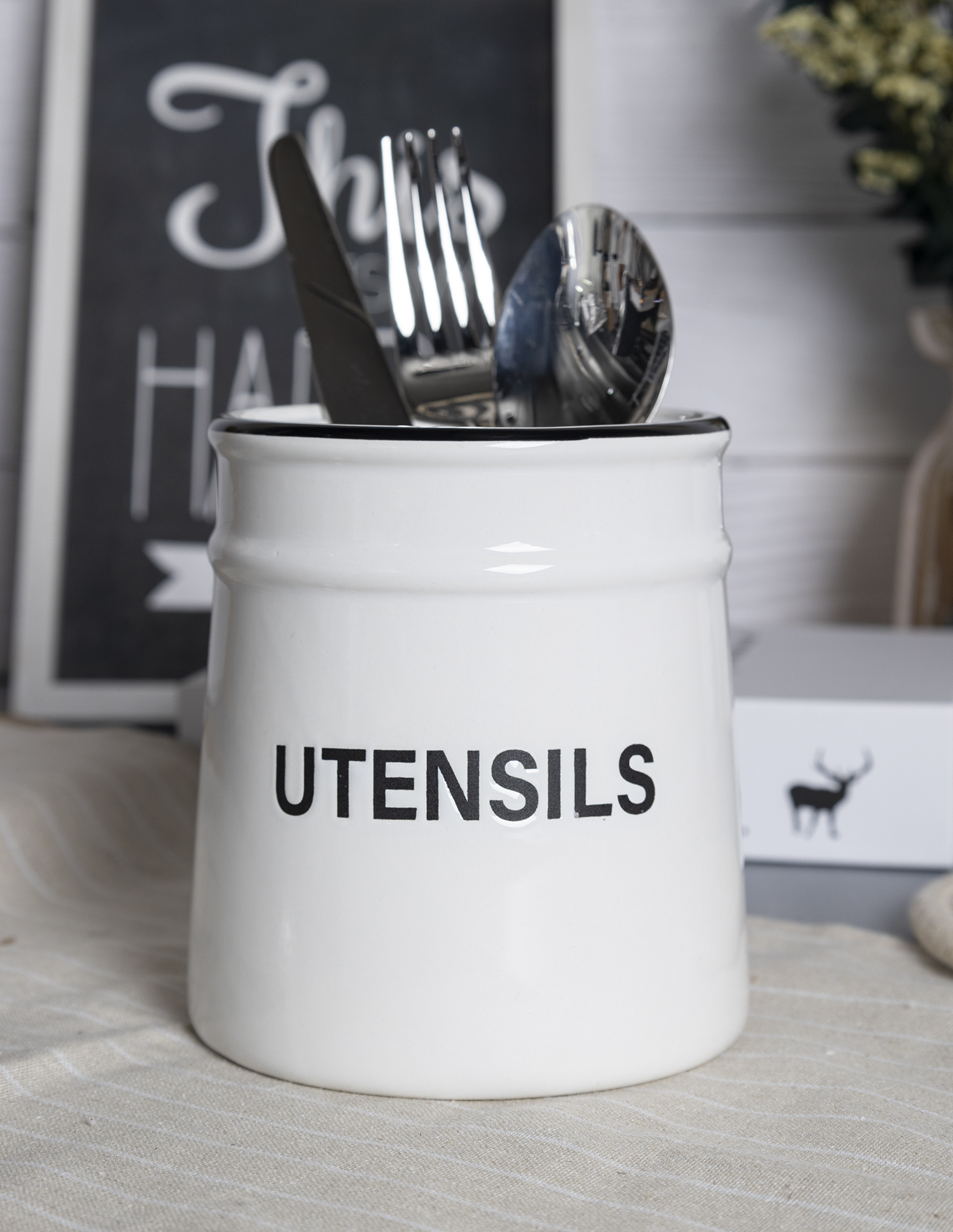 CHANGSHA HAPPY GO White Silkscreen Ceramic Kitchen Canister Set with Bold Black Text – Includes Oil Bottles, Salt & Pepper, Coffee, Tea, and Utensil Holders |happygodinnerware.com