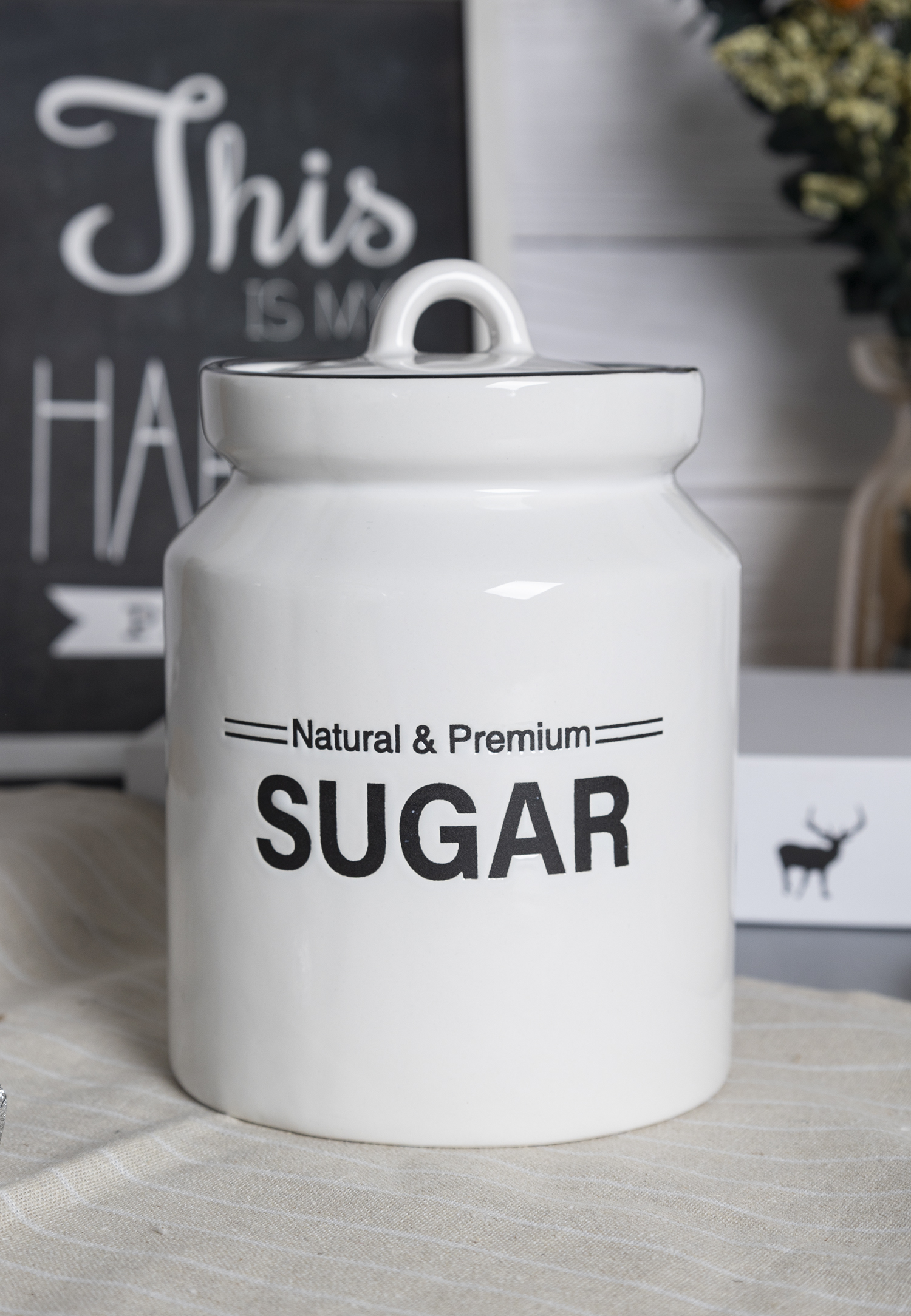 CHANGSHA HAPPY GO White Silkscreen Ceramic Kitchen Canister Set with Bold Black Text – Includes Oil Bottles, Salt & Pepper, Coffee, Tea, and Utensil Holders |happygodinnerware.com