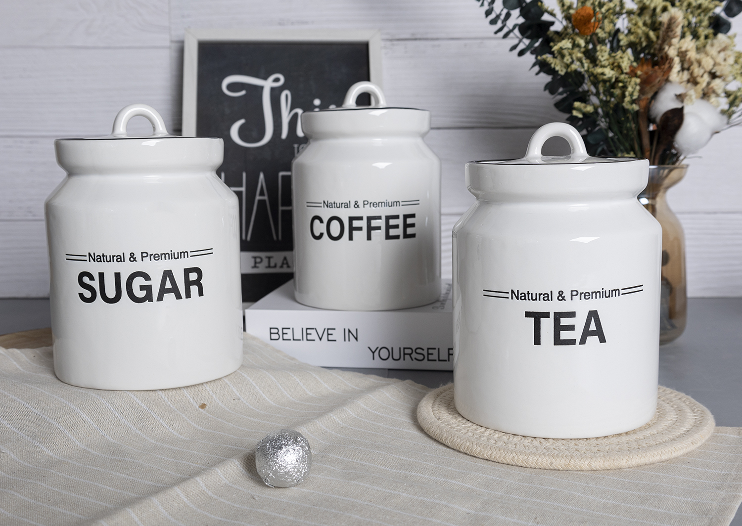 CHANGSHA HAPPY GO White Silkscreen Ceramic Kitchen Canister Set with Bold Black Text – Includes Oil Bottles, Salt & Pepper, Coffee, Tea, and Utensil Holders |happygodinnerware.com