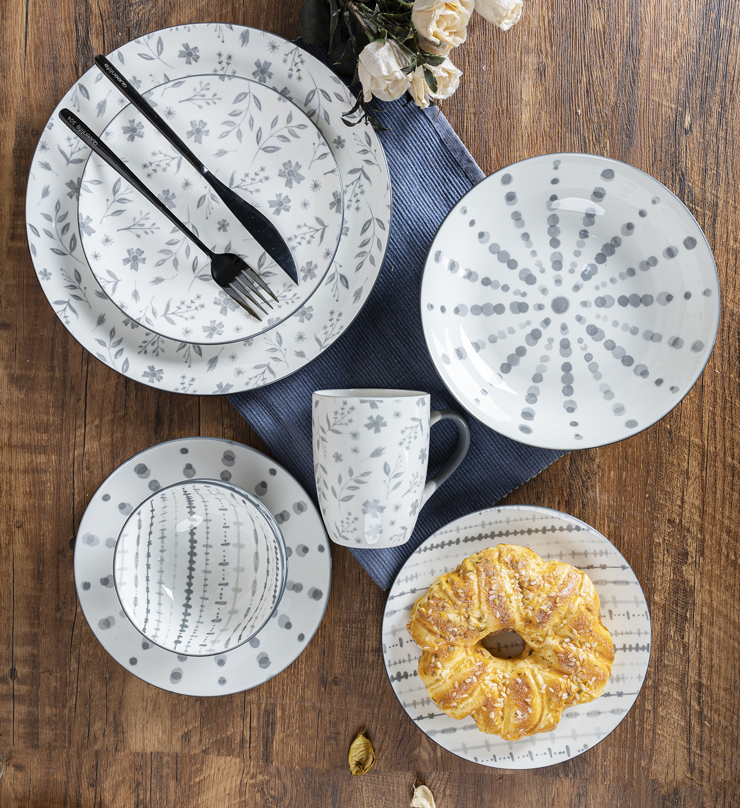 CHANGSHA HAPPY GO Vintage Grey Floral Printed White Porcelain Dinnerware Set with Elegant Rustic Patterns  |happygodinnerware.com