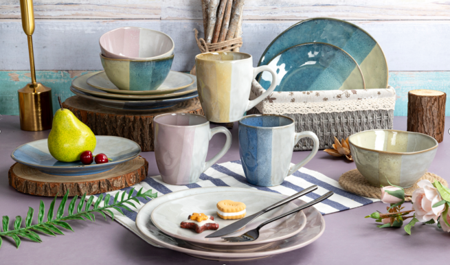 CHANGSHA HAPPY GO  Multicolor Patchwork Reactive Glaze Stoneware Dinnerware Set with Artisanal Embossed Texture |Dopamine Series Ceramics  |happygodinnerware.com