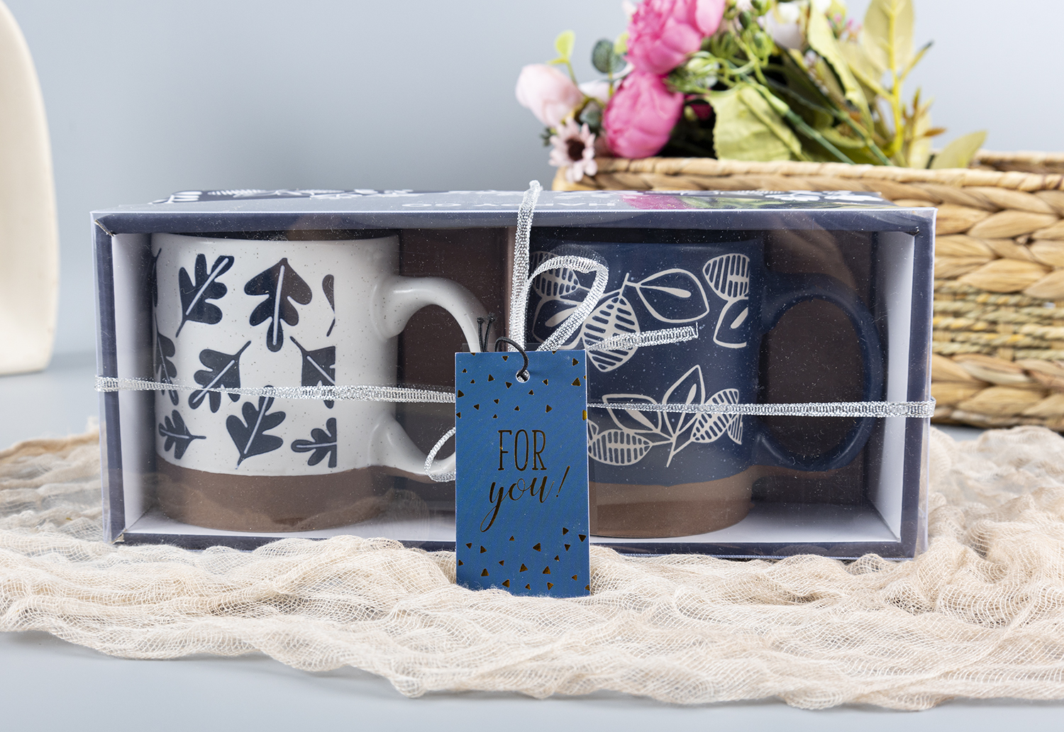 ​CHANGSHA HAPPY GO  Botanical Blue Stoneware Mug Set – Nature-Inspired Silkscreen Leaves with Rustic Clay Base|Dopamine Series Ceramics  |happygodinnerware.com