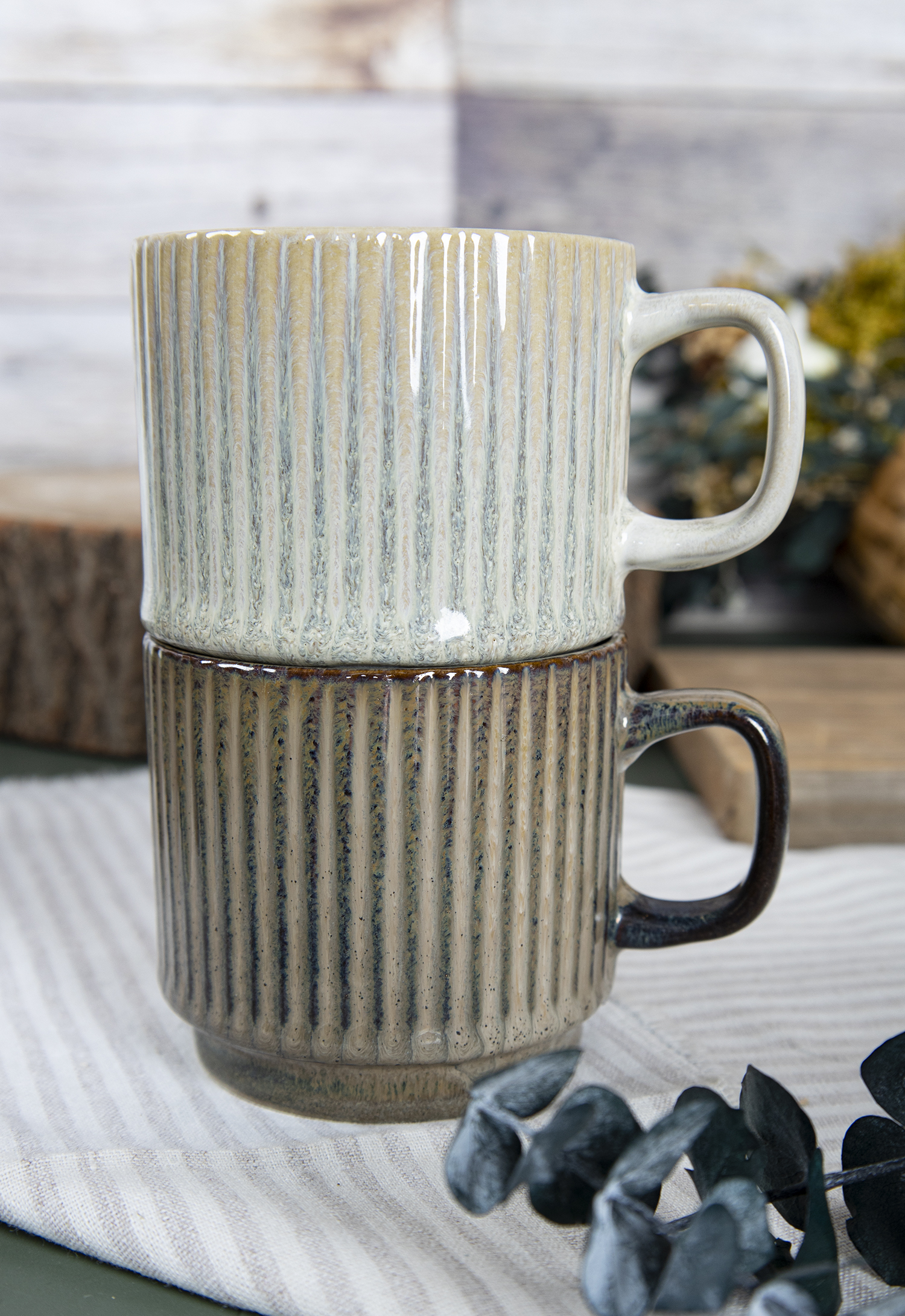 CHANGSHA HAPPY GO Vintage Matte Embossed Striped Stoneware Mug Set with Handcrafted Texture for Coffee and Tea  |happygodinnerware.com