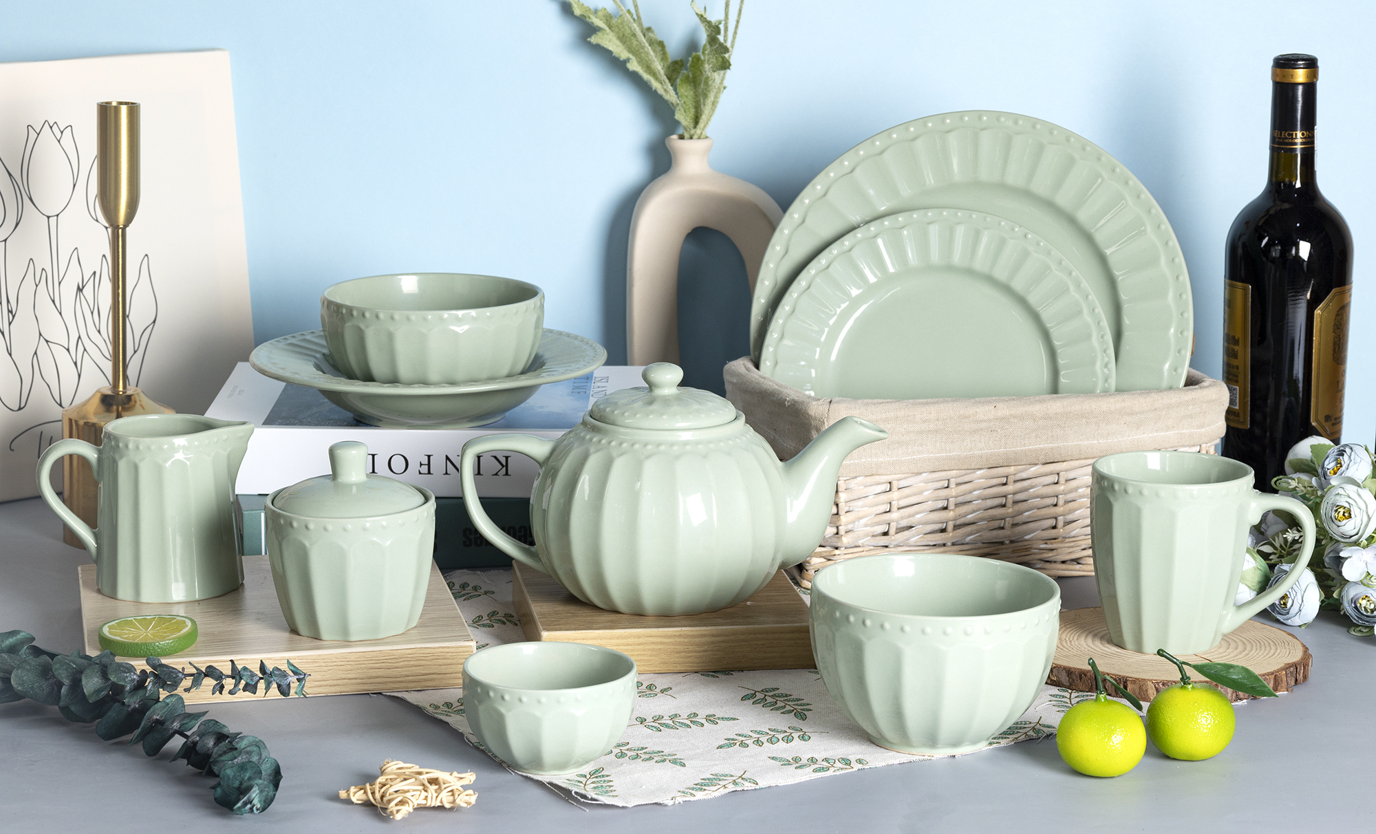 CHANGSHA HAPPY GO  Light Green Embossed Stoneware British Afternoon Tea and Dinnerware Set with Soft Tones  |happygodinnerware.com