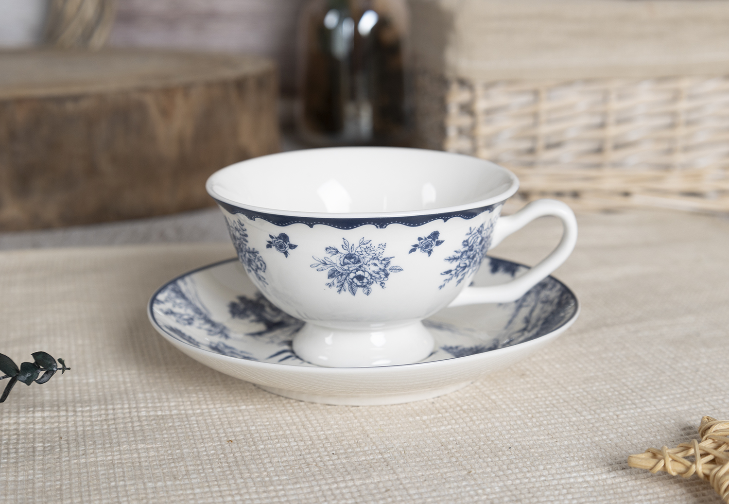 CHANGSHA HAPPY GO Blue Countryside Landscape Bone China Dinner Set – Floral Rim and Pastoral Scene Print |happygodinnerware.com
