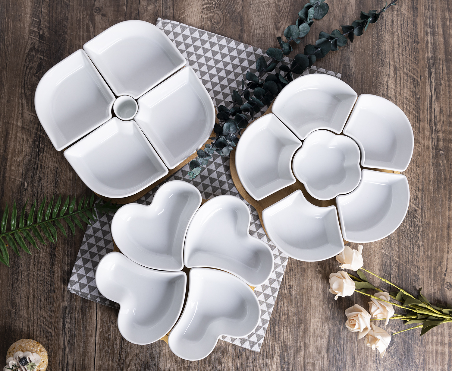 CHANGSHA HAPPY GO  Elegant White Porcelain Serving Platter Set with Modular Petal, Heart and Square Design for Refined Entertaining  |happygodinnerware.com
